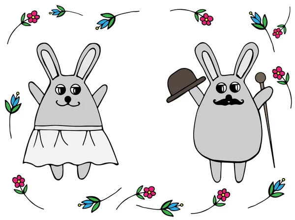 V lásce svatební králíka v sukni a s kloboukem a chodící sti — Stockový vektor