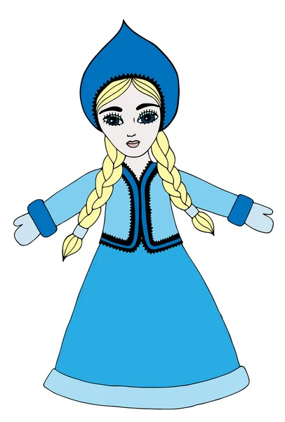 Vinter vacker flicka med långa blonda hår på blå klänning — Stock vektor