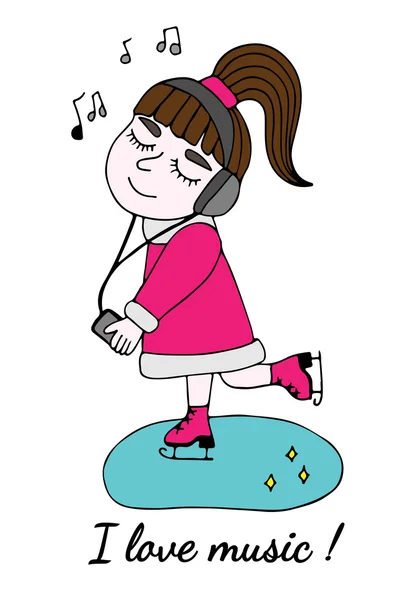 Jeune fille sur des patins et écoute de la musique avec du texte J'aime la musique — Image vectorielle