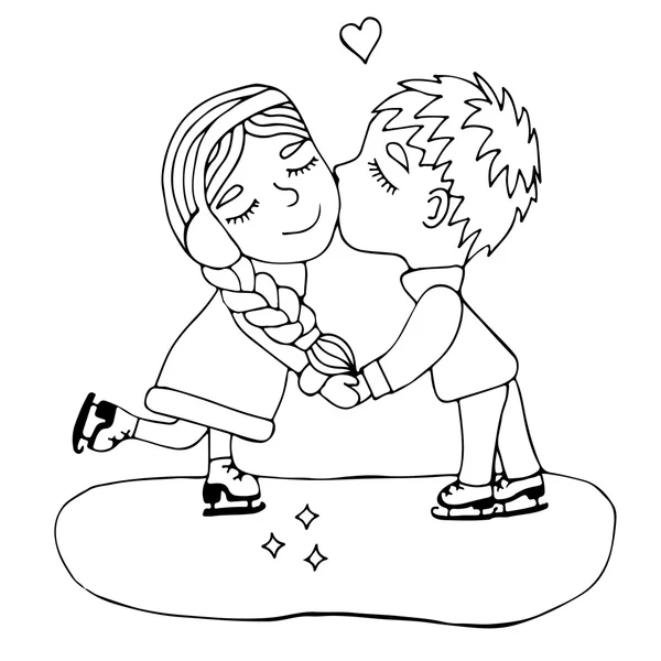 Petit garçon embrassé fille sur skate — Image vectorielle