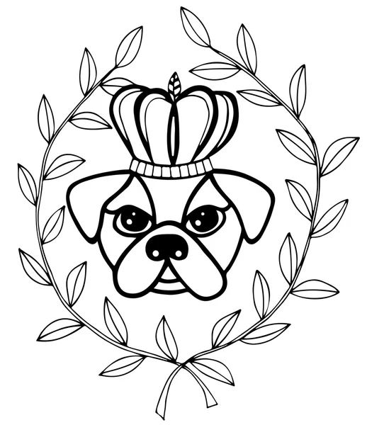 Fekete vonal fej kutya crone és levelek — Stock Vector