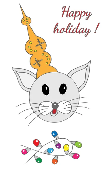 Bonne carte de vœux de vacances avec chat mignon et guirlande festive — Image vectorielle