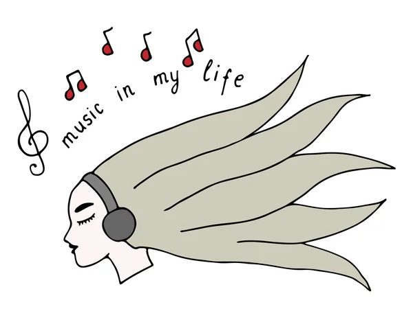 Fille aux cheveux longs avec inscription Musique dans ma vie — Image vectorielle
