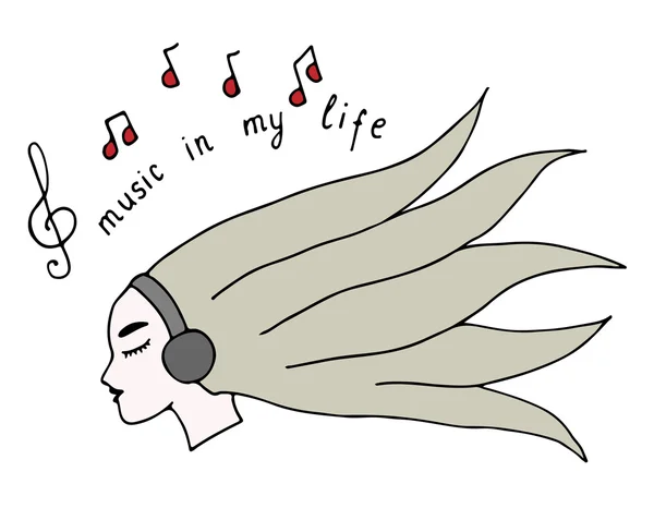 Girl with long hair with inscription Music in my life Vector Graphics
