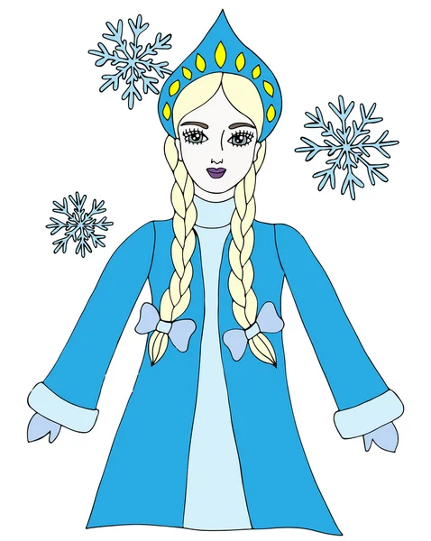 Colorida reina de la nieve chica de invierno con copo de nieve — Vector de stock