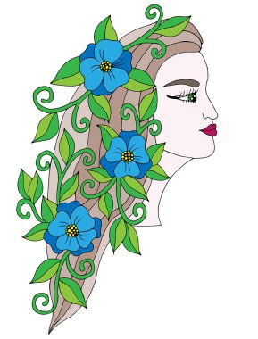 Mavi çiçek uzun saç baş genç güzel kızla