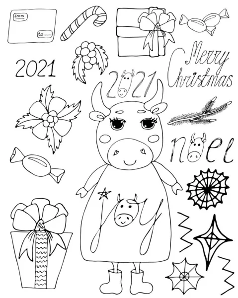 かわいい牛の漫画のぬり絵やページ シンボル牛年 — ストックベクタ