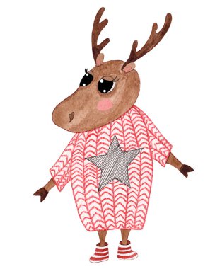 Ewhite arka planında izole edilmiş suluboya sevimli ren geyiği. Kış karakteri. Suluboya çizimi