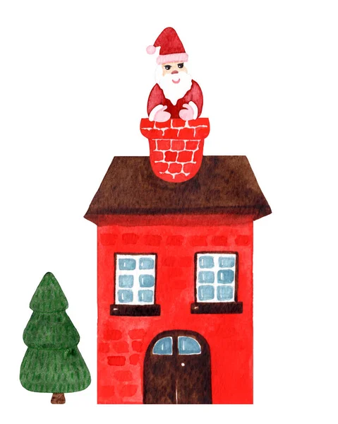 Casa Aquarela Com Papai Noel Isolado Fundo Branco Natal Ano — Fotografia de Stock