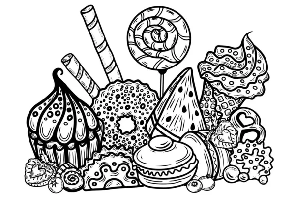 Desenho Para Colorir Com Bolo Cupcake Doces Outra Sobremesa Com —  Vetores de Stock