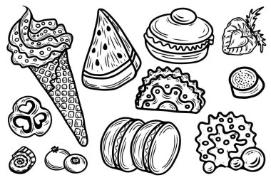 Pastayla boyama sayfası, kek, şeker ve diğer tatlılar dutlu. Tatlı boyama kitabı güzelmiş. Vektör etkinlik sayfası.