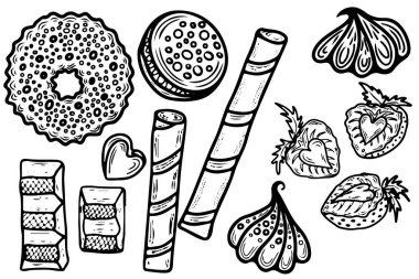 Pastayla boyama sayfası, kek, şeker ve diğer tatlılar dutlu. Tatlı boyama kitabı güzelmiş. Vektör etkinlik sayfası.