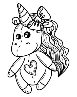 Boyama kitabı ve sayfa için özetlenmiş şirin tek boynuzlu at çizgi filmi. Çocuk için etkinlik sayfası. Vektör Tekboynuz