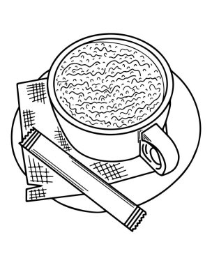 Boyama kitabı ya da sayfa için şeker vektörlü izole bir fincan kahve. Sade kahve fincanı ve şeker..