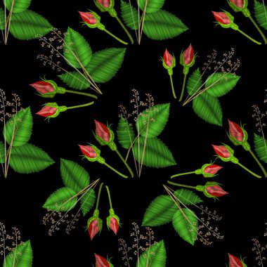 Gül çiçeği nakışlı, dikişleri taklit edilmiş bir vektör. Çiçek dekoratif unsur. Gül pürüzsüz.