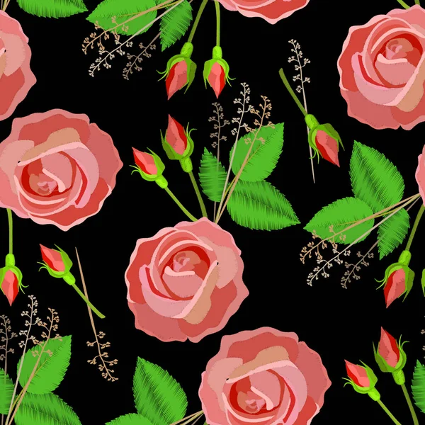 バラの花刺繍ステッチ模倣でベクトルシームレス 花の装飾要素 シームレスに上昇 — ストックベクタ