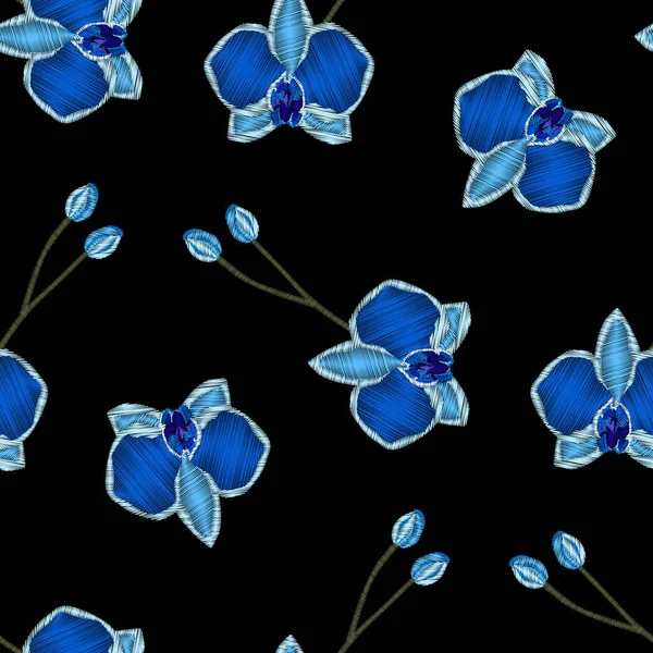 Vector Sin Costuras Con Bordados Orquídea Azul Imitación Puntadas Elemento — Vector de stock