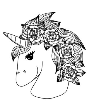 Boyama kitabı ve sayfa için özetlenmiş şirin tek boynuzlu at çizgi filmi. Çocuk için etkinlik sayfası. Vektör Tekboynuz