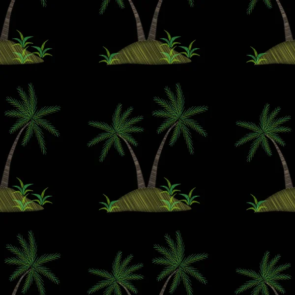 Palmeira Bordado Costura Imitação Fundo Preto Ilustração Vetorial Bordado Com — Vetor de Stock