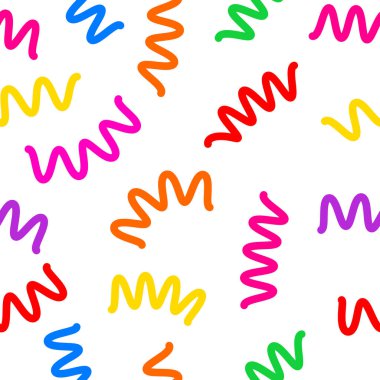 Beyaz arka planda çok renkli dalgalı çizgiler içeren canlı, soyut kıvrımlar. Eğlenceli ve oynak kusursuz tasarım ambalaj kağıdı, kumaş, dijital arka plan, kırtasiye veya çocuk sanat projeleri için mükemmeldir..