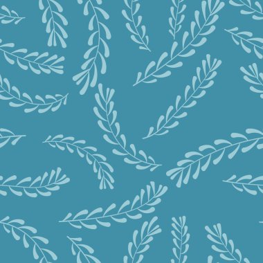 Okyanus mavisi arka planda beyaz yaprak dallarının rahatlatıcı botanik deseni yumuşak bir sahil esintisi gibidir. Tekstil, duvar kağıtları ve modern dekor için mükemmeldir..