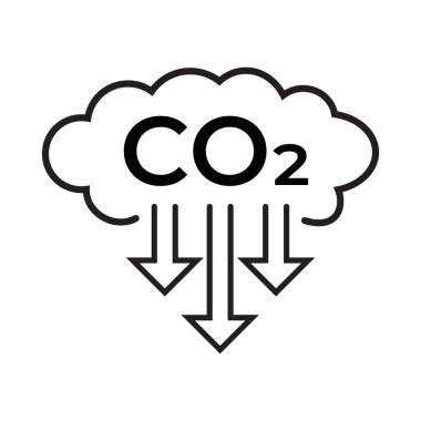 Karbondioksit (CO2) emisyonlarını, emisyon azaltımını, karbon yakalamayı, sürdürülebilirliği ve iklim değişikliğinin hafifletilmesini sembolize eden minimal çizgi simgesi. Çevre, enerji ve iklimle ilgili içerik için ideal.