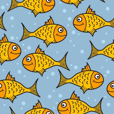 Açık mavi kabarcıklı okyanus zemininde yüzen güler yüzlü sarı balığın parlak ve dostane bir deseni. Bebek kıyafetleri, çocuk yatağı, duvar kağıdı, kırtasiye, ambalaj ve eğlenceli su markaları projeleri için ideal.