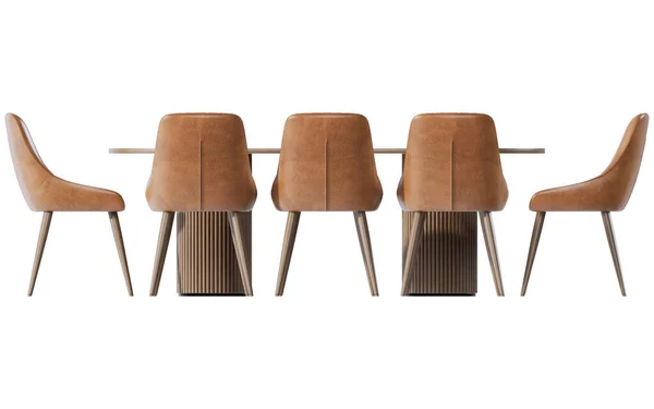 Beş bronz deri sandalye ve ahşap bir masayı gösteren modern bir yemek takımının temiz, göz hizasında dijital bir görüntüsü. Tablo, bu düz görünümde vurgulanmış, hafif arkaplanda izole edilmiş, kırpılmış ahşap silindir tabanlarına çarpıyor.