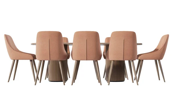 Beş döşemeli sandalye ve ahşap bir masayı gösteren modern bir yemek takımının temiz, göz seviyesinde dijital bir görüntüsü. Tablo, bu düz görünümde vurgulanmış, hafif arkaplanda izole edilmiş, kırpılmış ahşap silindir tabanlarına çarpıyor.