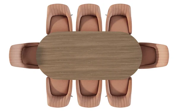 Yuvarlak ahşap bir masa, yatay bir tahıl ve altı şezlonga sahip modern bir yemek takımının temiz ve tepeden tırnağa manzarası. Tarafsız ahşap tonlarda yapılmış, arka planda izole edilmiş. İç tasarım düzeni için mükemmel