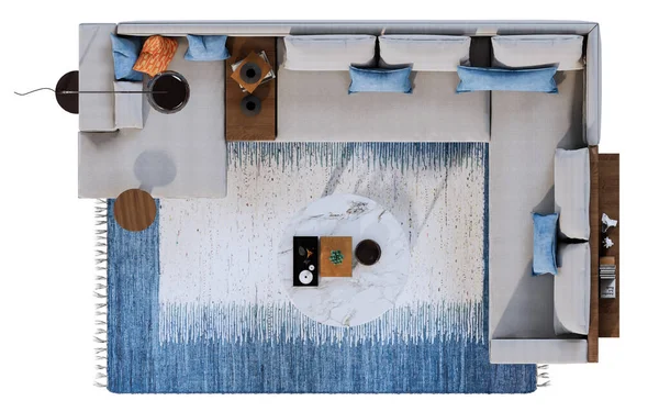 Modern bir oturma odası mobilyası düzenlemesinin tepeden tırnağa dijital görüntüsü, büyük bir bölüm koltuğu, mermer sehpa, halı ve aksan tablosu içeriyor. Set, mimari veya iç tasarım için izole edilmiş nötr ve mavi renk paleti kullanır.