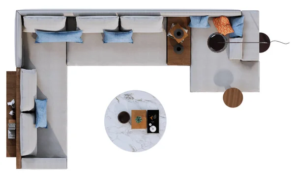 Modern bir oturma odası mobilyası düzenlemesinin tepeden tırnağa dijital görüntüsü, büyük bir bölüm koltuğu, mermer sehpa, halı ve aksan tablosu içeriyor. Set, mimari veya iç tasarım için izole edilmiş nötr ve mavi renk paleti kullanır.