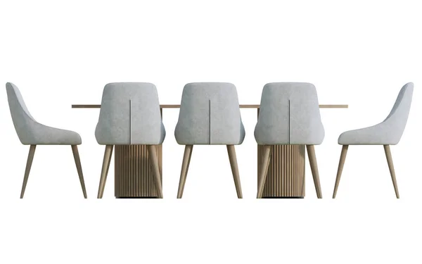 Beş döşemeli sandalye ve ahşap bir masayı gösteren modern bir yemek takımının temiz, göz seviyesinde dijital bir görüntüsü. Tablo, bu düz görünümde vurgulanmış, hafif arkaplanda izole edilmiş, kırpılmış ahşap silindir tabanlarına çarpıyor.