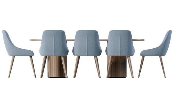 Beş döşemeli sandalye ve ahşap bir masayı gösteren modern bir yemek takımının temiz, göz seviyesinde dijital bir görüntüsü. Tablo, bu düz görünümde vurgulanmış, hafif arkaplanda izole edilmiş, kırpılmış ahşap silindir tabanlarına çarpıyor.