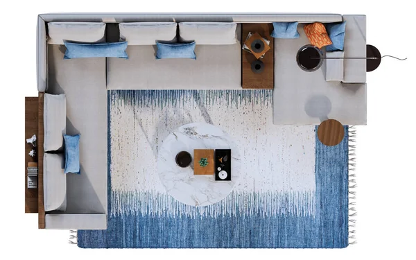 Modern bir oturma odası mobilyası düzenlemesinin tepeden tırnağa dijital görüntüsü, büyük bir bölüm koltuğu, mermer sehpa, halı ve aksan tablosu içeriyor. Set, mimari veya iç tasarım için izole edilmiş nötr ve mavi renk paleti kullanır.