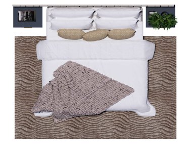 Tarafsız renkler, katmanlı yatak örtüsü, yumuşak örgü battaniyesi, dekoratif yastıklar ve yeşillikli minimalist yan masaları olan modern bir yatak odası..