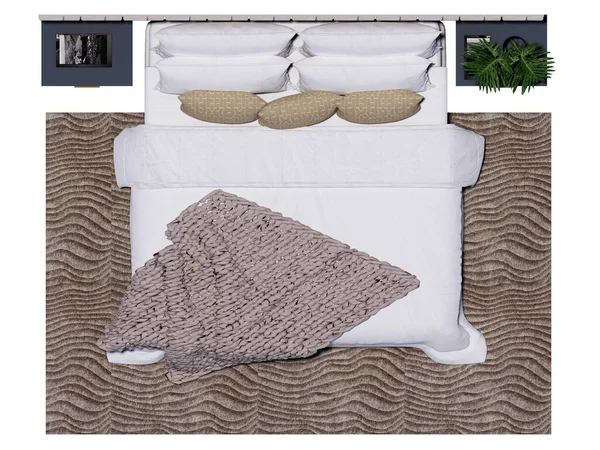 Tarafsız renkler, katmanlı yatak örtüsü, yumuşak örgü battaniyesi, dekoratif yastıklar ve yeşillikli minimalist yan masaları olan modern bir yatak odası..