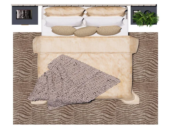 Tarafsız renkler, katmanlı yatak örtüsü, yumuşak örgü battaniyesi, dekoratif yastıklar ve yeşillikli minimalist yan masaları olan modern bir yatak odası..