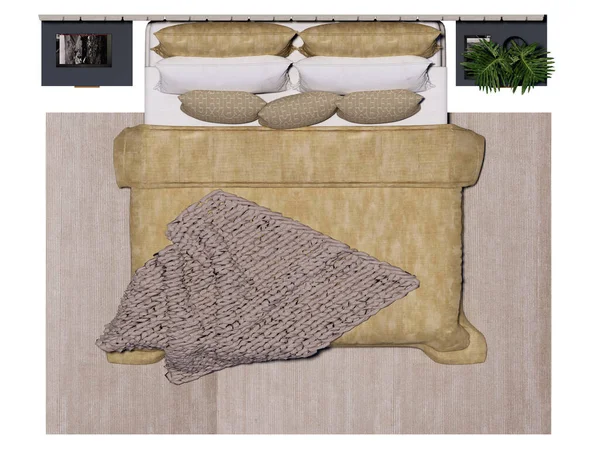 Tarafsız renkler, katmanlı yatak örtüsü, yumuşak örgü battaniyesi, dekoratif yastıklar ve yeşillikli minimalist yan masaları olan modern bir yatak odası..