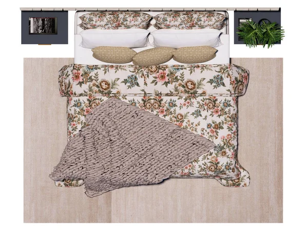 Tarafsız renkler, katmanlı yatak örtüsü, yumuşak örgü battaniyesi, dekoratif yastıklar ve yeşillikli minimalist yan masaları olan modern bir yatak odası..