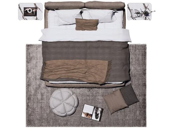 Tarafsız renkler, katmanlı yatak örtüsü, yumuşak örgü battaniyesi, dekoratif yastıklar ve yeşillikli minimalist yan masaları olan modern bir yatak odası..