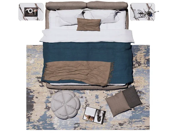 Tarafsız renkler, katmanlı yatak örtüsü, yumuşak örgü battaniyesi, dekoratif yastıklar ve yeşillikli minimalist yan masaları olan modern bir yatak odası..