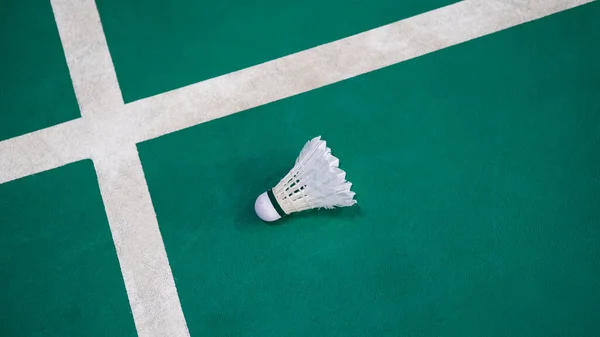 Tek bir beyaz mekik horozu, beyaz sınır çizgisinin yanındaki yeşil badminton kortuna dayanır. Bu da sporun hassasiyetini ve odaklanmasını temsil eder..