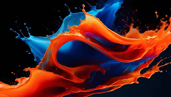 Çarpıcı, yüksek enerjili bir görüntü canlı turuncu ve mavi sıvıların çarpışmasını dramatik bir sıçramayla yakalıyor. Dönen, birbirine bağlı formlar bir sıvı hissi yaratıyor. Soyut sanat, reklam ya da tasarım kavramları için mükemmel.