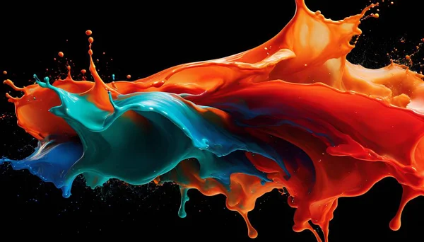 Çarpıcı, yüksek enerjili bir görüntü canlı turuncu ve mavi sıvıların çarpışmasını dramatik bir sıçramayla yakalıyor. Dönen, birbirine bağlı formlar bir sıvı hissi yaratıyor. Soyut sanat, reklam ya da tasarım kavramları için mükemmel.