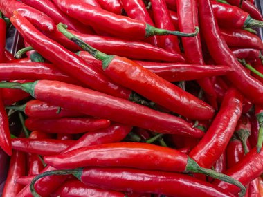 Çerçeveyi dolduran taze ve canlı kırmızı biber (uzun arnavut biberi veya parmak biberi). Resim, baharat, baharat, yemek, Asya mutfağı ve organik ürünleri temsil etmek için ideal olan zengin rengi, parlak dokuyu ve sıcaklığı vurguluyor.