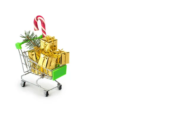 Conceito Temporada Compras Natal Carrinho Mini Loja Carrinho Cheio Caixa — Fotografia de Stock