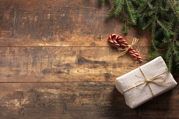 Christmas Rustic Greeting Card Christmas Gift Box Candy Cane Fir — Stock Photo, Image