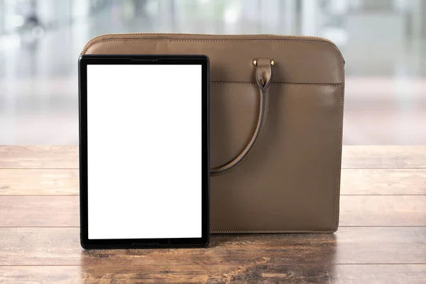 Mock Digital Tablet Mit Leerem Bildschirm Arbeitsplatz Mit Tasche Business — Stockfoto