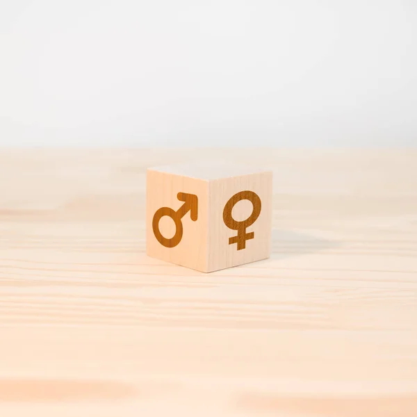 wooden cube with male and female symbols. the concept of gender difference and equality. square image. selection or changing gender. copy space